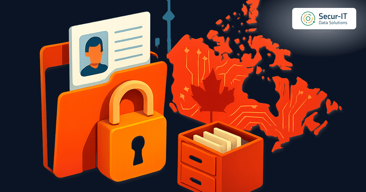 Locked folder of personal records beside a map of Canada, illustrating PIPEDA personal data protection for Canadian businesses