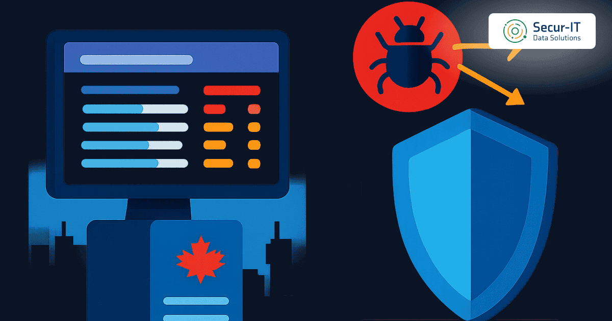 Vulnerability scanner results panel listing findings with severity marks, beside a shield deflecting a software bug