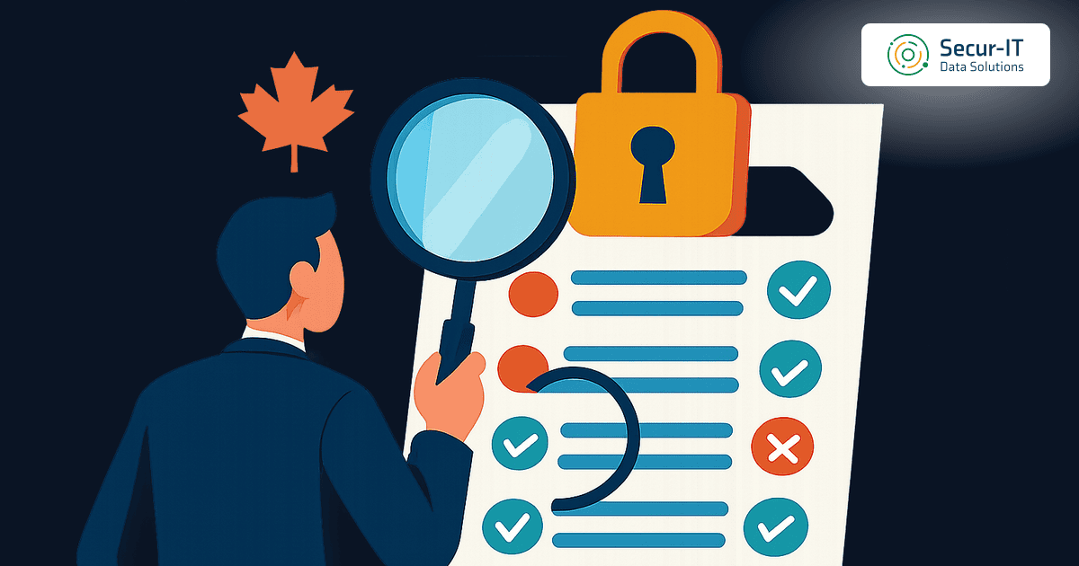 Reviewer inspecting a requirements checklist with ticks and one failure, illustrating security and compliance assessment