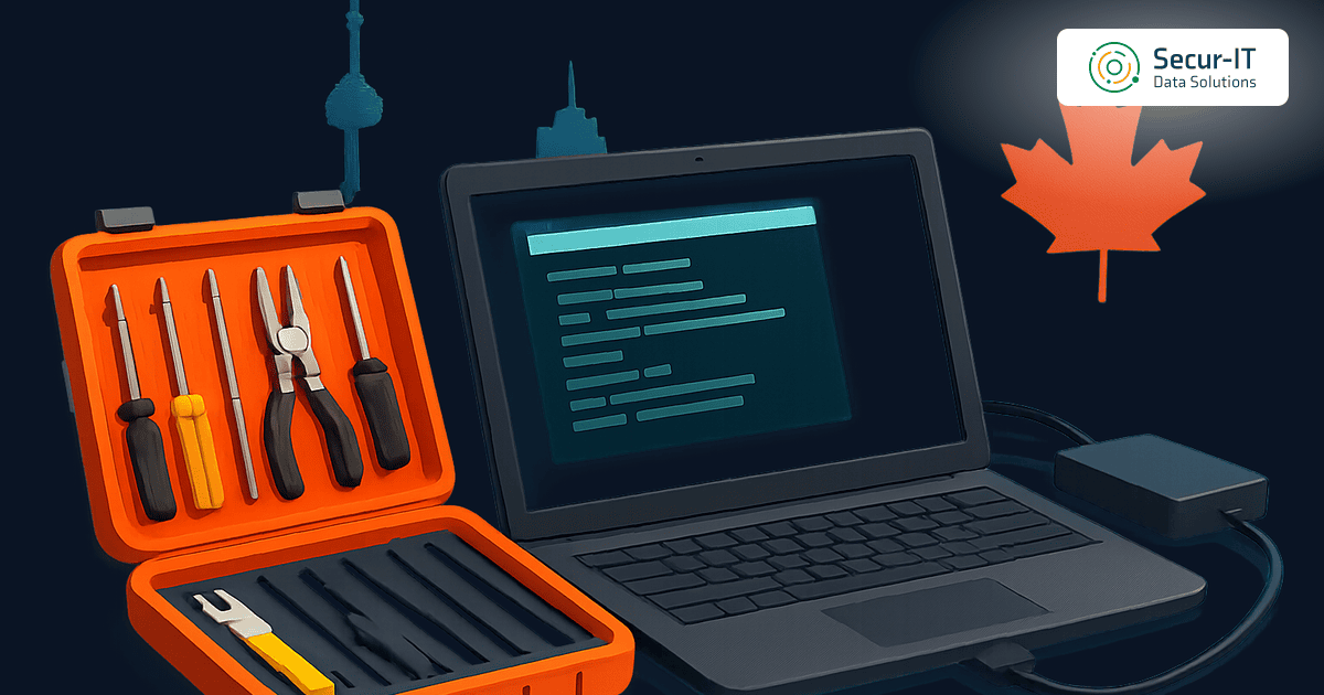 Open toolkit of instruments beside a laptop running a terminal session, illustrating an ethical hacking toolkit