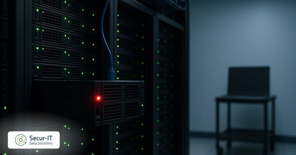 PHP vulnerability php2shell: a web server rack in a dark data room with one server flagged by a red warning light