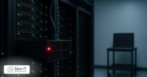 PHP vulnerability php2shell: a web server rack in a dark data room with one server flagged by a red warning light