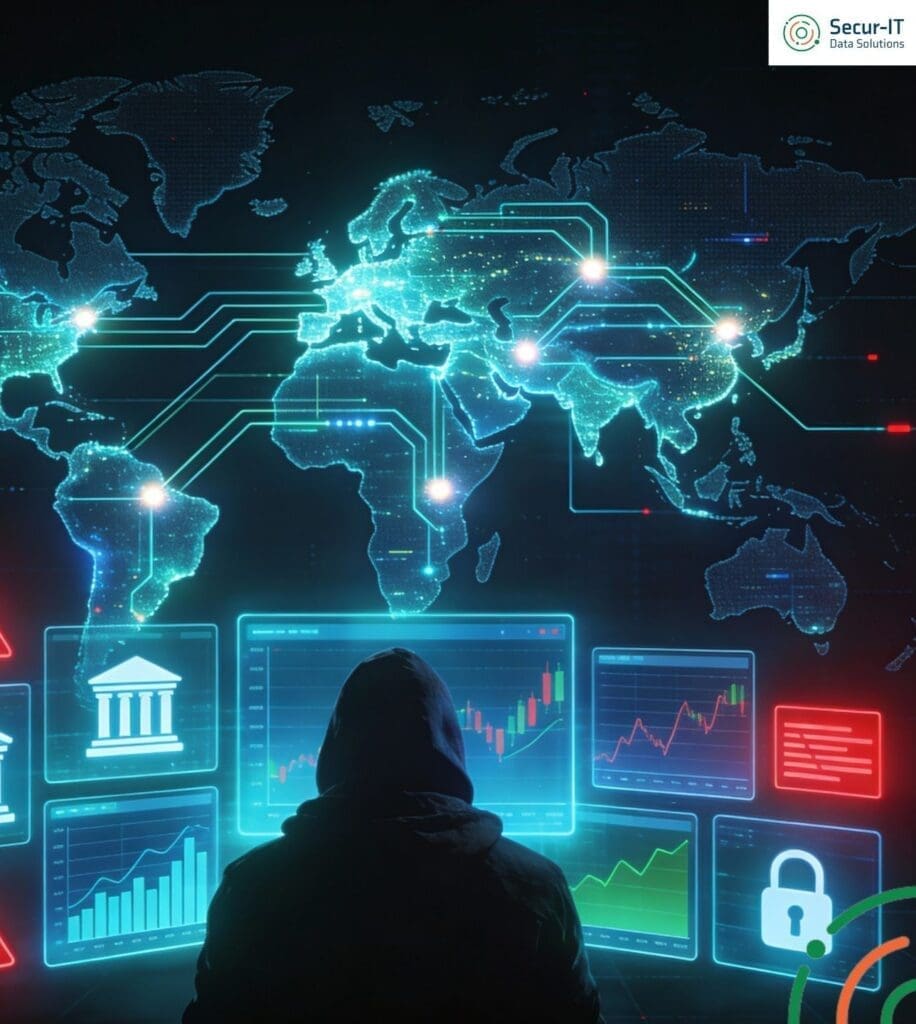Toronto bank cybersecurity threats illustrated with a digital map showing financial institutions protected by advanced cybersecurity networks and monitoring systems