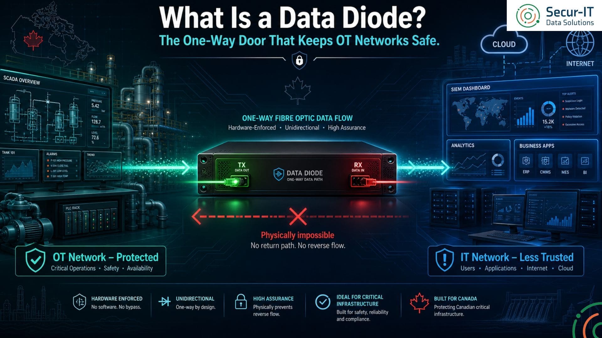 Data diode diagram showing one-way fibre optic data flow from OT network to IT network — hardware enforced, unidirectional, high assurance — Secur-IT Data Solutions